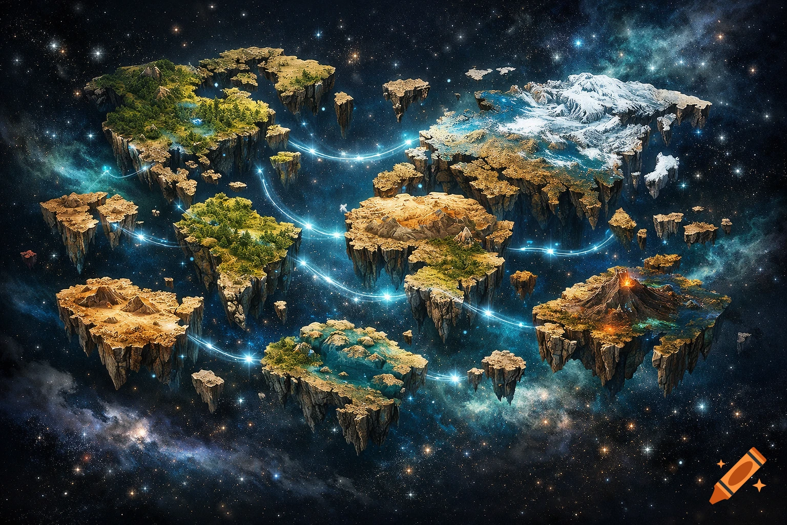 Fragmented world map with floating islands connected by glowing lines, set in a starry nebula.
