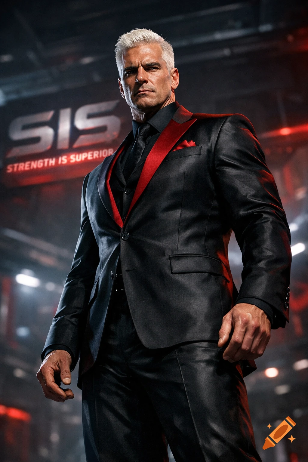 A serious, white-haired man in a black and red suit stands with 'SIS STRENGTH IS SUPERIOR' text in the background, a low-angle photorealistic portrait.