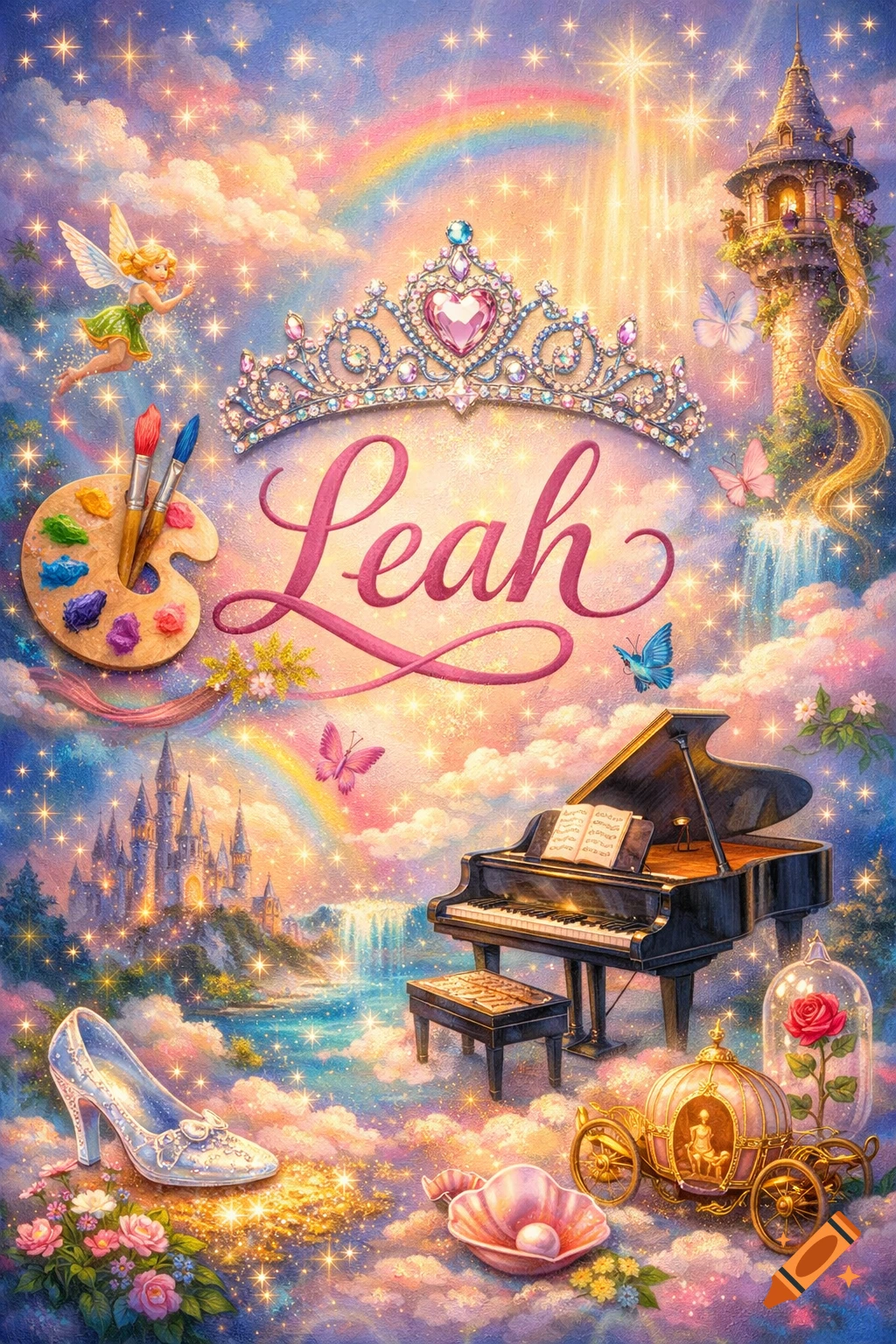 Whimsical, sparkling fantasy painting with a tiara above the name Leah, a fairy, castle, grand piano, Cinderella slipper, and carriage.