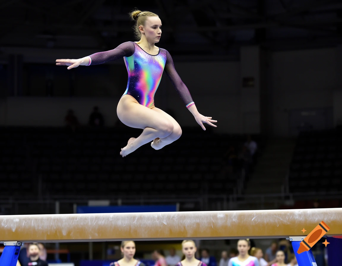 A female gymnast in a colorful leotard performs a front aerial leap over a balance beam in an arena.