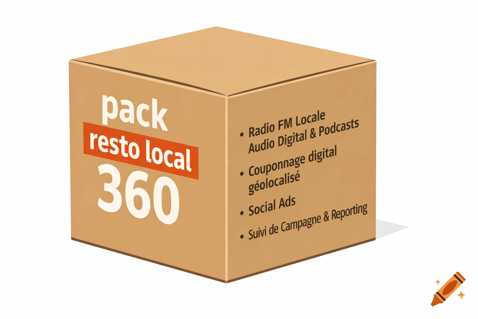 Clean illustration of a brown cardboard box with text 'pack resto local 360' and a list of advertising services.