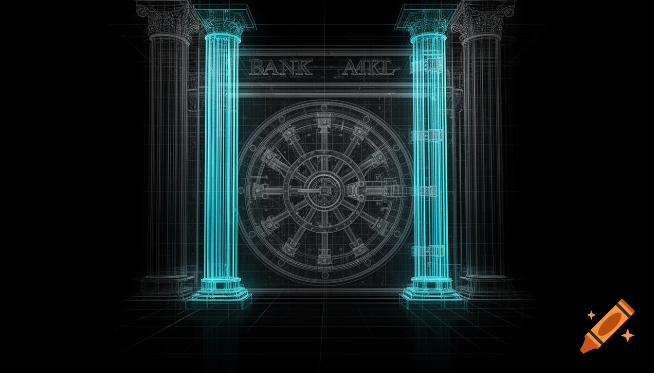 Wireframe blueprint of a bank vault door with glowing cyan pillars on a dark grid background.