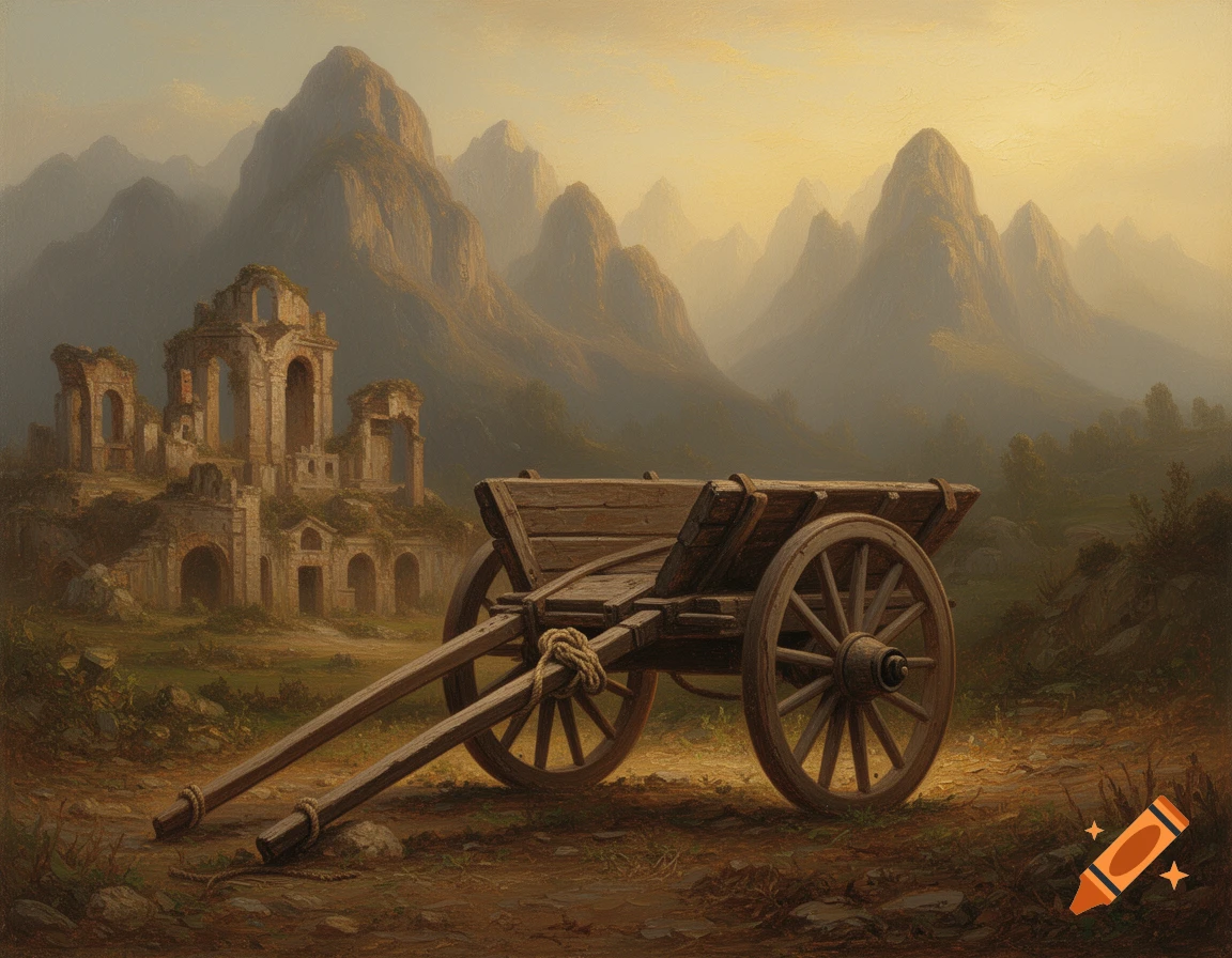 A wooden farmer's cart on a dirt path, with ancient ruins and misty mountains in the background, in the style of an oil painting.