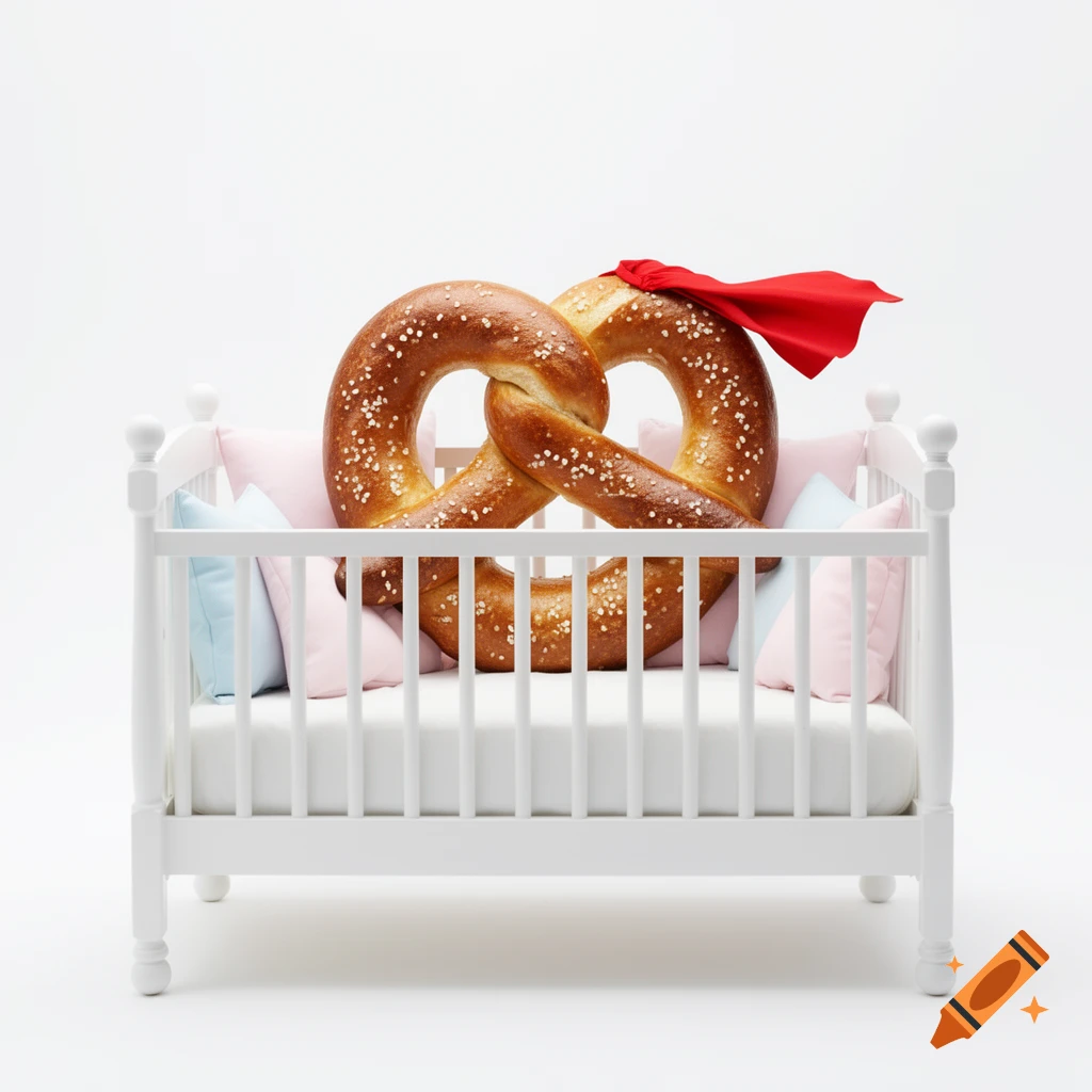 Photorealistic image of a large pretzel wearing a red superhero cape, resting in a white baby crib with pillows.