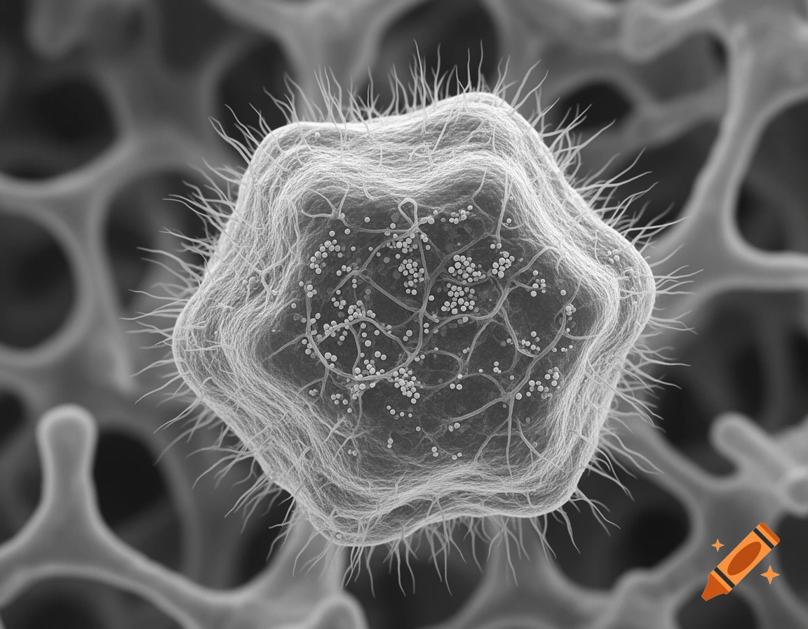 Scanning electron micrograph of a spiky, irregular cell or microorganism with internal granular structures, set against a porous background.