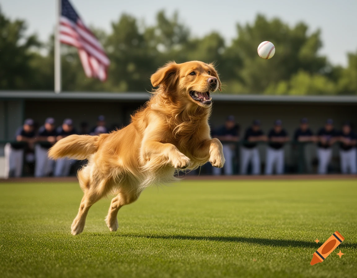 A happy golden retriever dog leaps to catch a baseball on a green field with a baseball team and an American flag in the background.