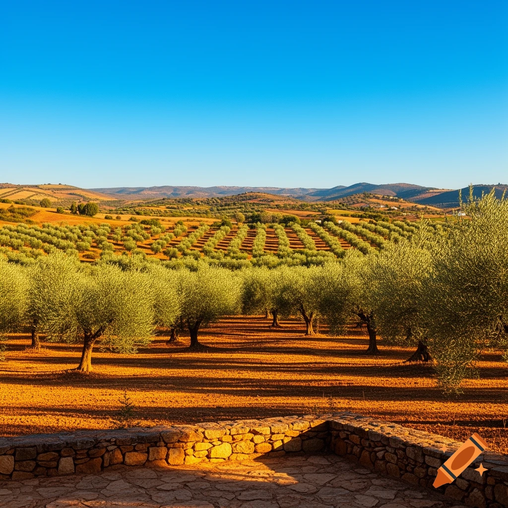 Photorealistic olive grove landscape at golden hour, with rows of trees under a clear blue sky, and a stone wall in the foreground.