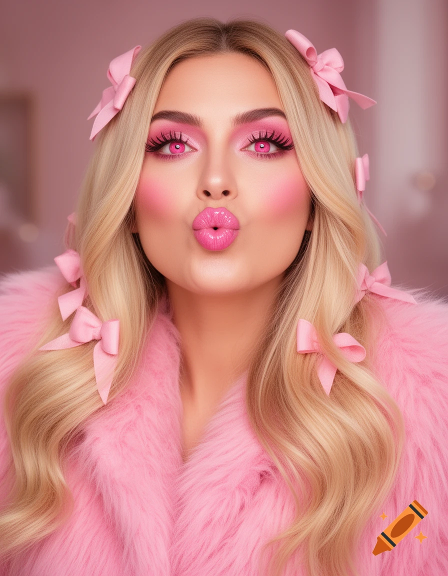 Blonde woman in a pink furry coat, with pink bows in her hair, heavy pink makeup, and hypnotic pink eyes, making a kissy face.