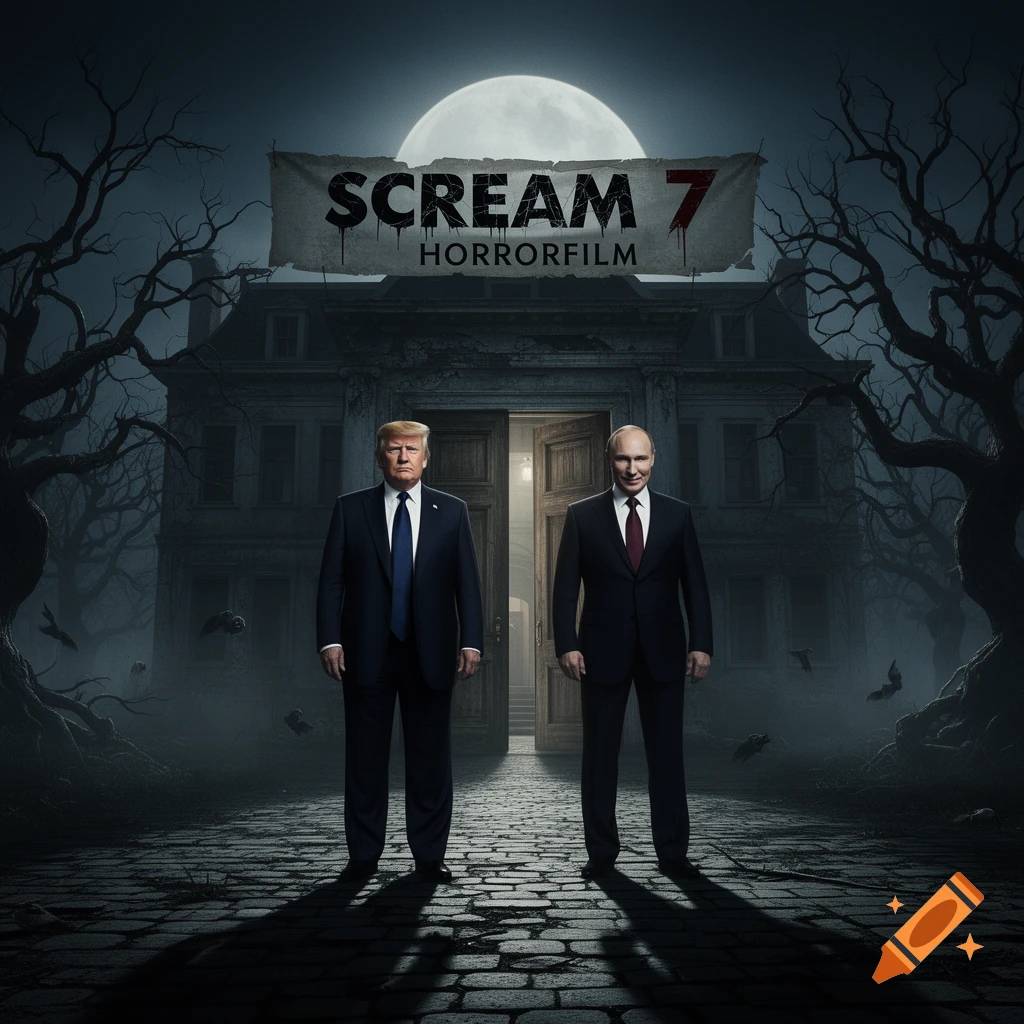 Donald Trump and Vladimir Putin stand in front of a spooky haunted house with a 'Scream 7 Horrorfilm' banner, under a full moon.