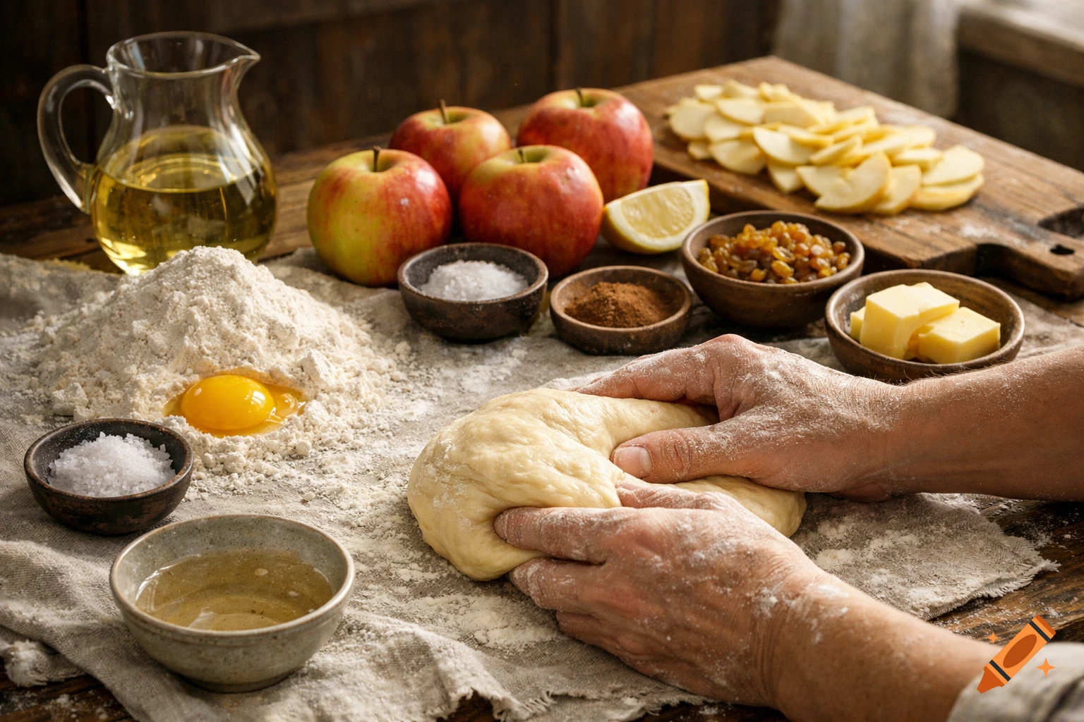 Hands kneading dough on a rustic wooden table surrounded by ingredients like flour, egg, apples, butter, and spices for baking.