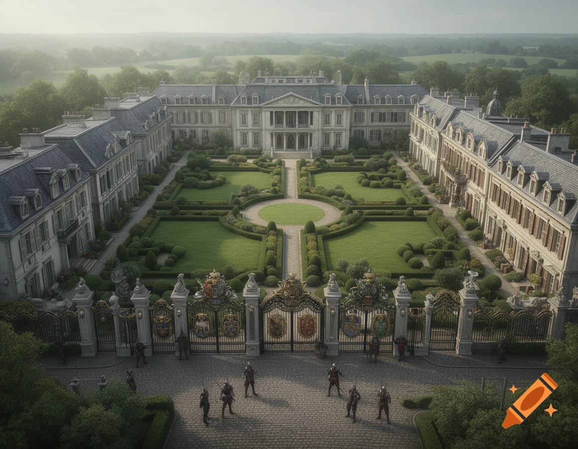 Aerial view of a grand chateau with symmetrical formal gardens and ornate gates, guarded by figures in armor, under a muted sky.
