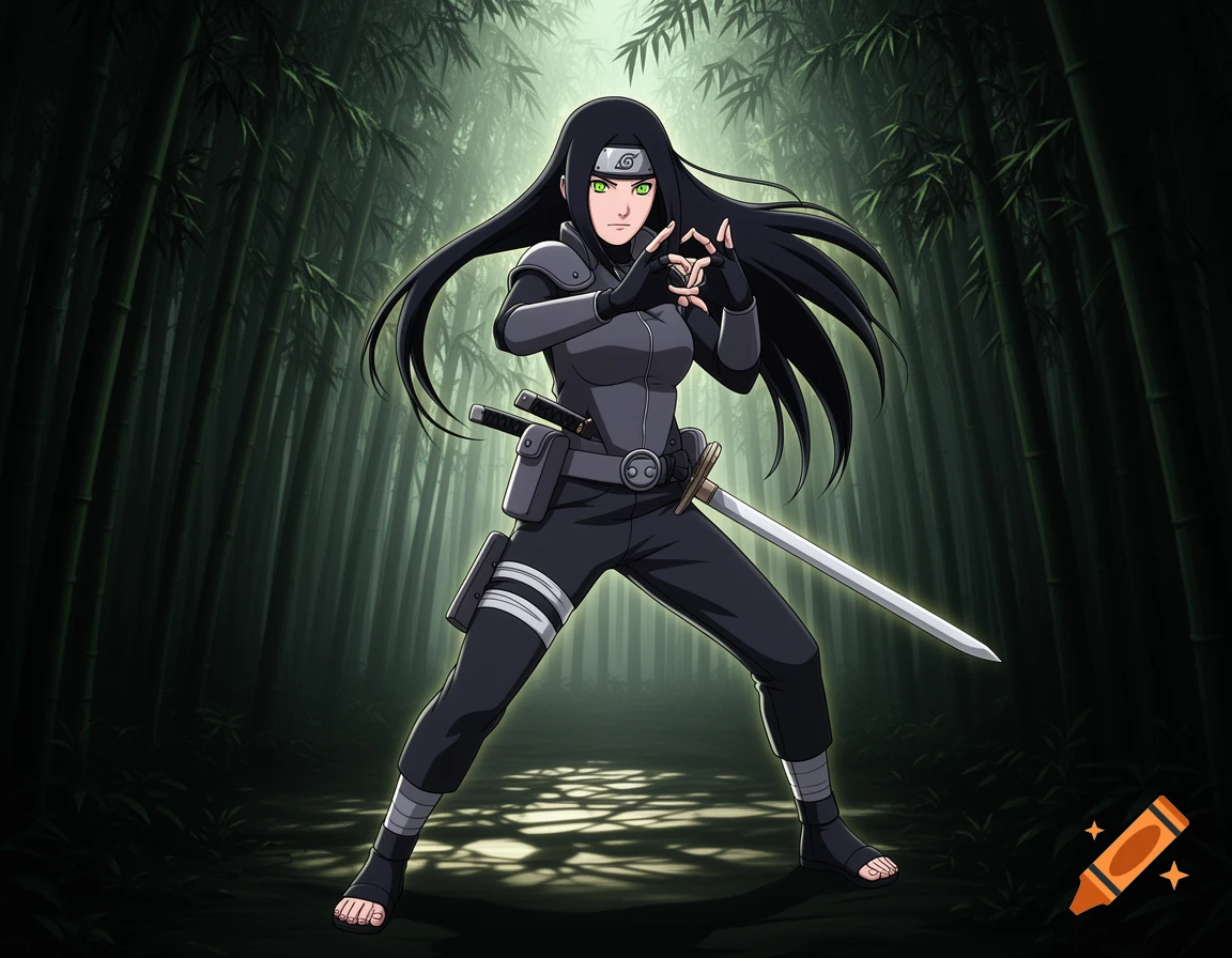 A female ninja with long black hair and green eyes stands in a bamboo forest, holding a sword and making hand signs, in anime style.