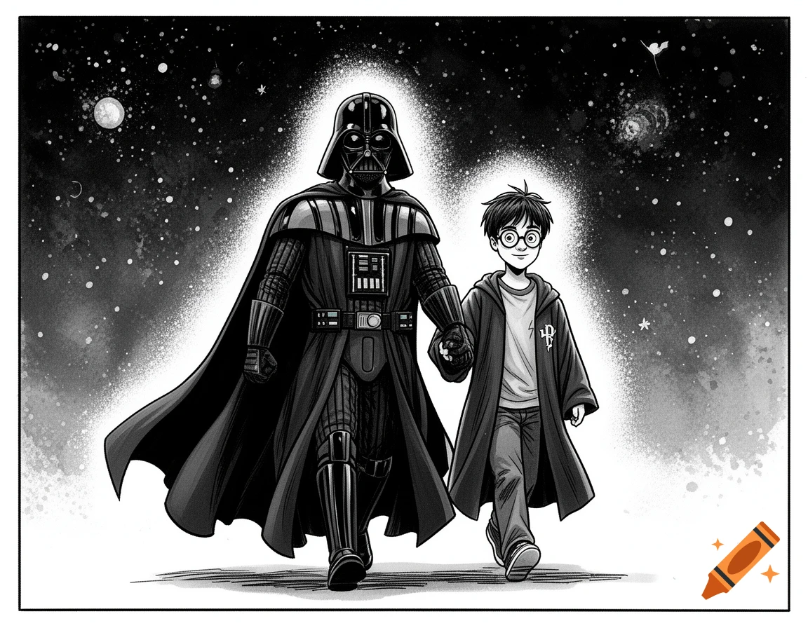 Black and white comic art of Darth Vader and Harry Potter holding hands, walking against a starry sky.