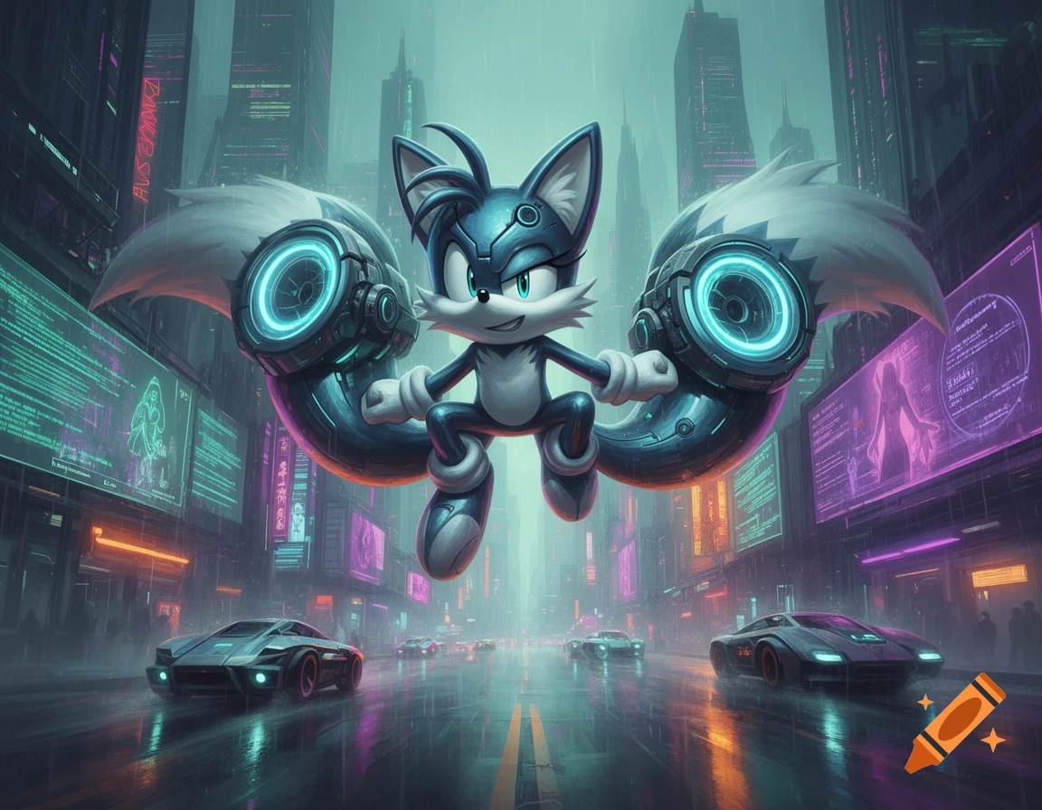 A blue and grey fox-like character with mechanical tails flies over a wet street in a futuristic cyberpunk city with neon signs and flying cars.