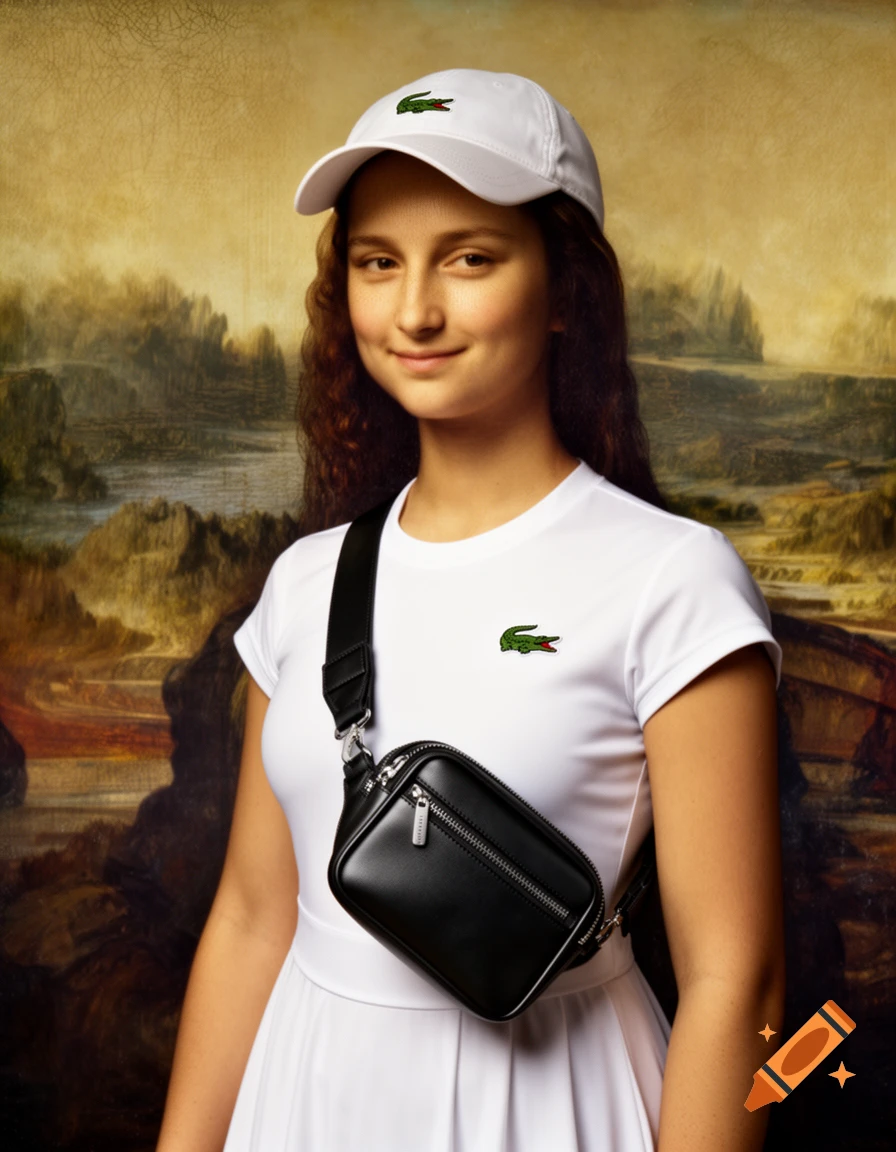 Mona Lisa in a white Lacoste t-shirt, white cap, and black crossbody bag, against her classic landscape background.