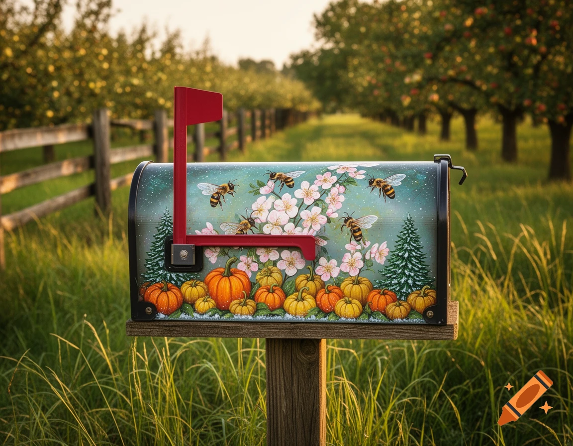 A rural mailbox is painted with honey bees, pink flowers, pumpkins, and Christmas trees, set in a grassy field with an orchard.