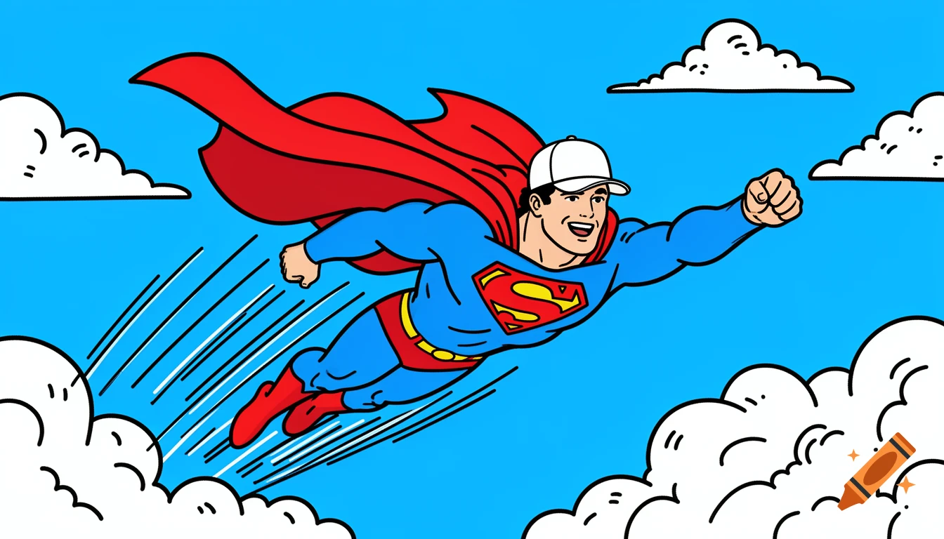 Superman in a blue suit, red cape, and white baseball cap flies through a blue sky with clouds, depicted in a Keith Haring pop art style.