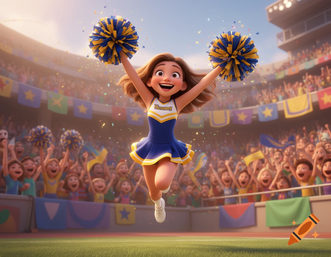 A Pixar-style cartoon cheerleader in a blue and yellow uniform jumps with pom-poms in a stadium filled with cheering fans.