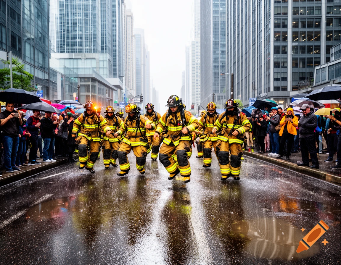 Photorealistic image of a group of firefighters in full gear performing a rain dance on a wet city street, with a crowd of onlookers under umbrellas and tall buildings in the background.