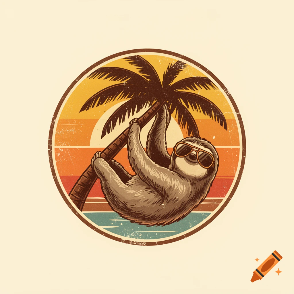 A retro-style circular badge features a cool sloth in sunglasses hanging from a palm tree against a warm sunset and ocean background.