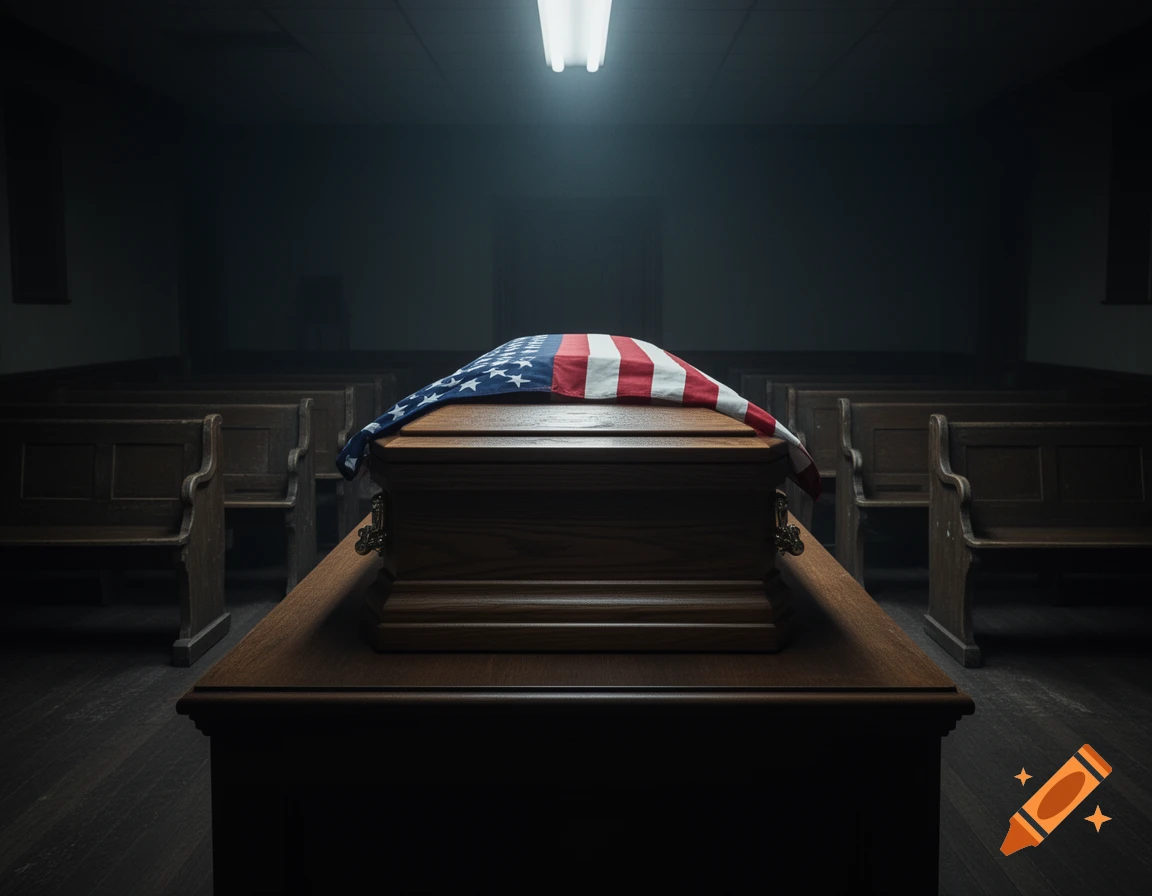 A wooden coffin draped with an American flag, lit by an overhead light in a dim, empty room with pews.