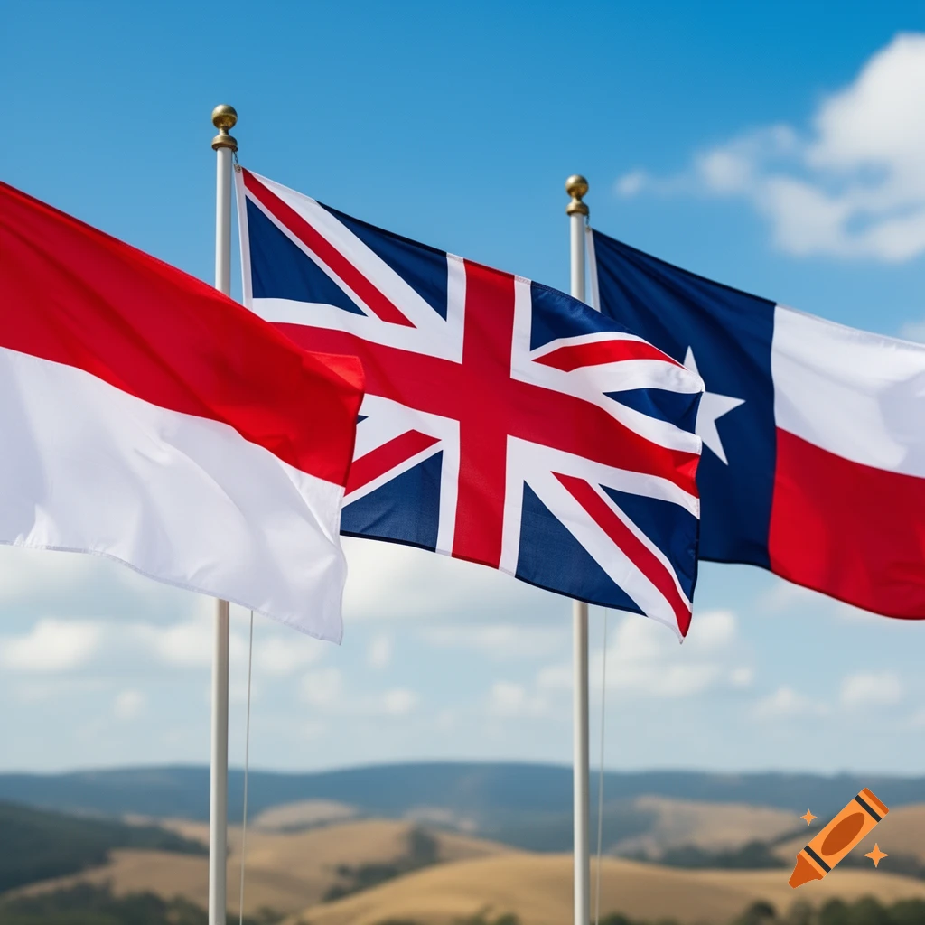 The flags of Monaco, the United Kingdom (Union Jack), and Texas wave against a clear blue sky above rolling hills.