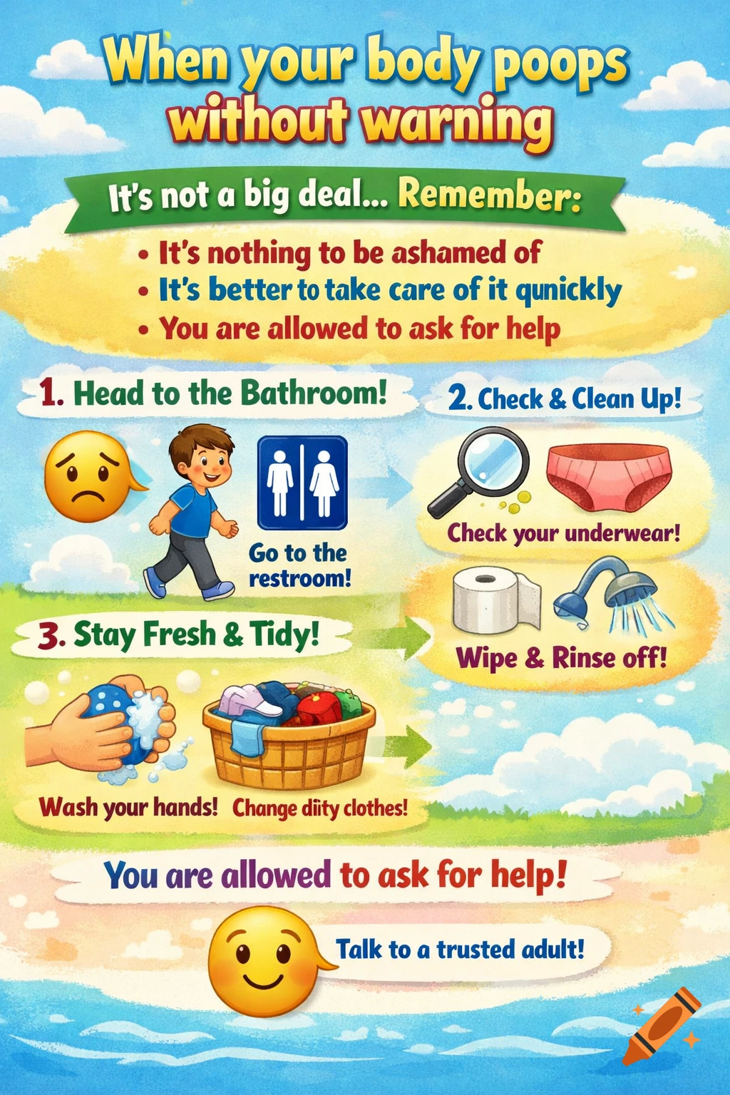 A kid-friendly infographic about accidental pooping, with steps like going to the bathroom, cleaning up, and changing clothes, in a cartoon style.