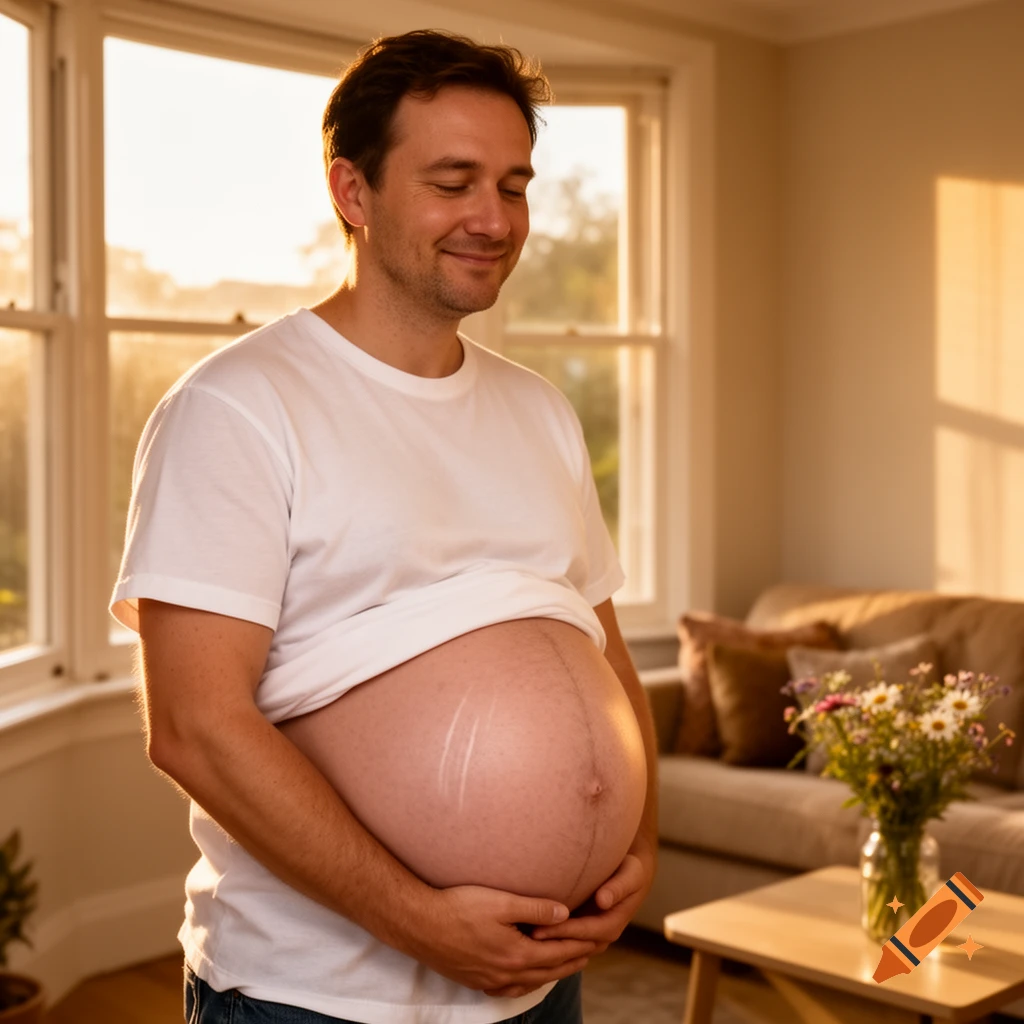 A smiling man in a white t-shirt gently holds his large pregnant belly, standing in a sunlit room. Photorealistic.