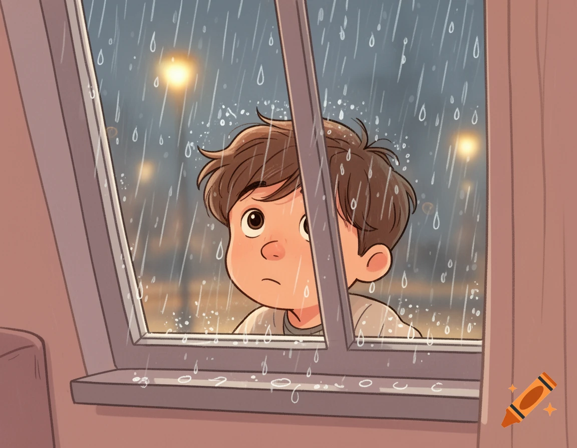 Cartoon of a sad boy with brown hair looking out a rainy window at a street light.