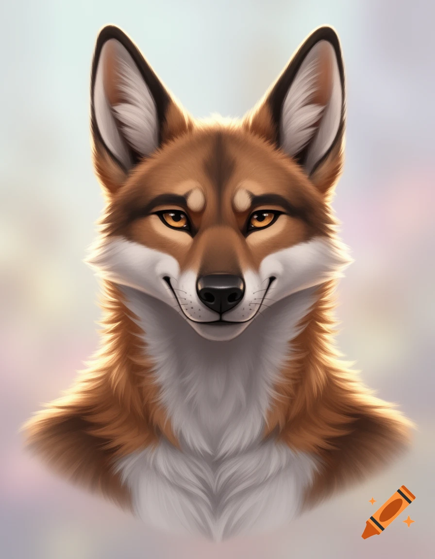 Digital painting of a smiling anthropomorphic fox-like creature with brown and white fur and bright orange eyes.