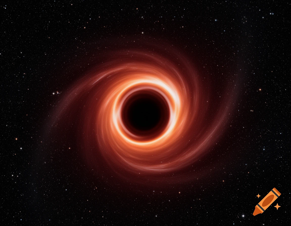 A glowing orange and red swirling black hole with an accretion disk against a dark, starry cosmic background.