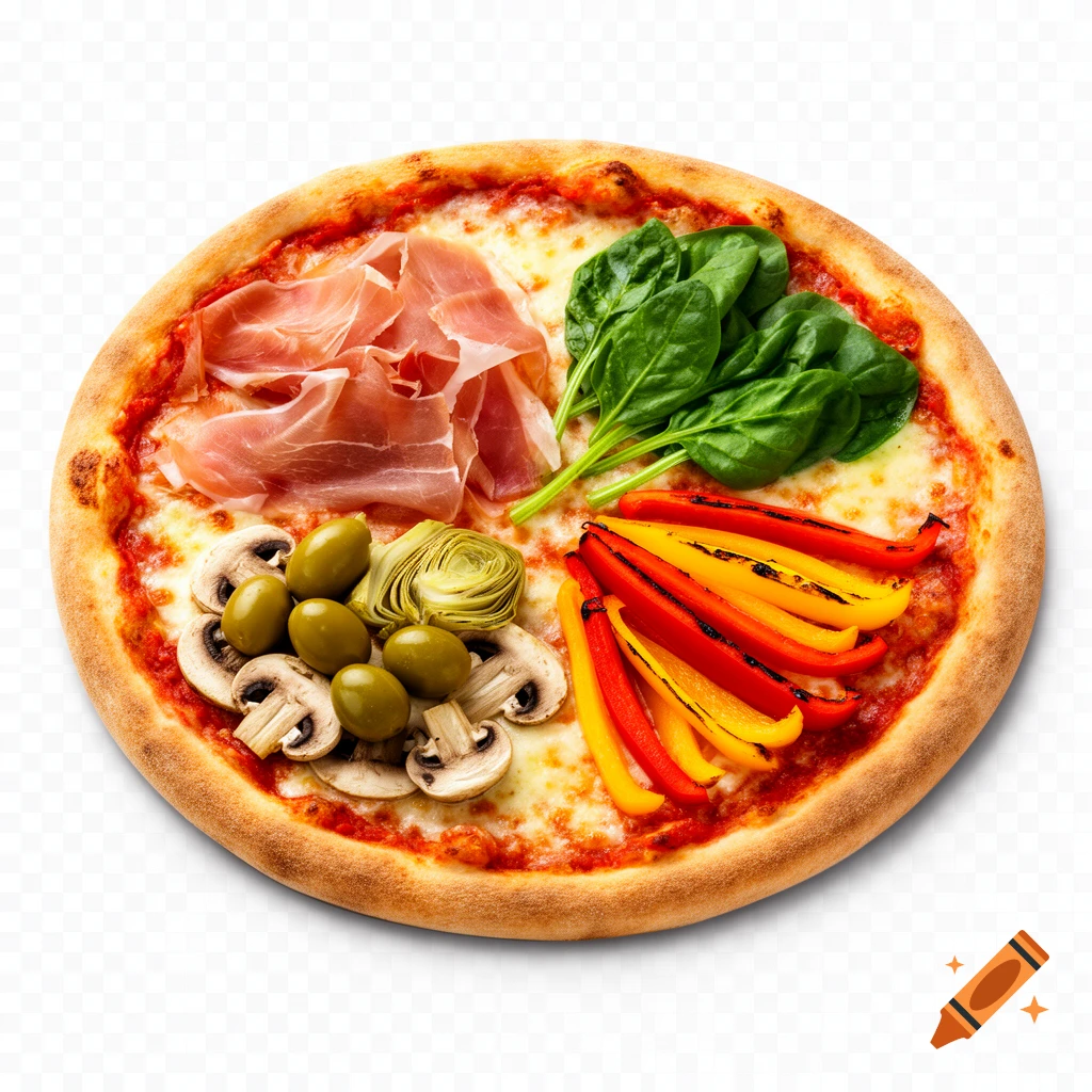 A top-down view of a four-section pizza with prosciutto, spinach, grilled peppers, mushrooms, green olives, and artichoke hearts on a transparent background.