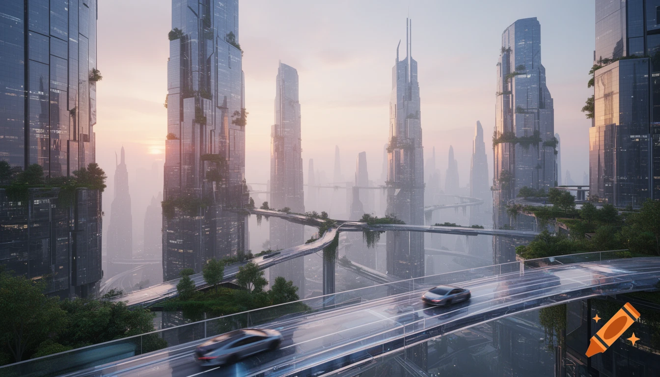 A photorealistic depiction of a futuristic city at sunrise, with towering skyscrapers and elevated highways carrying cars.