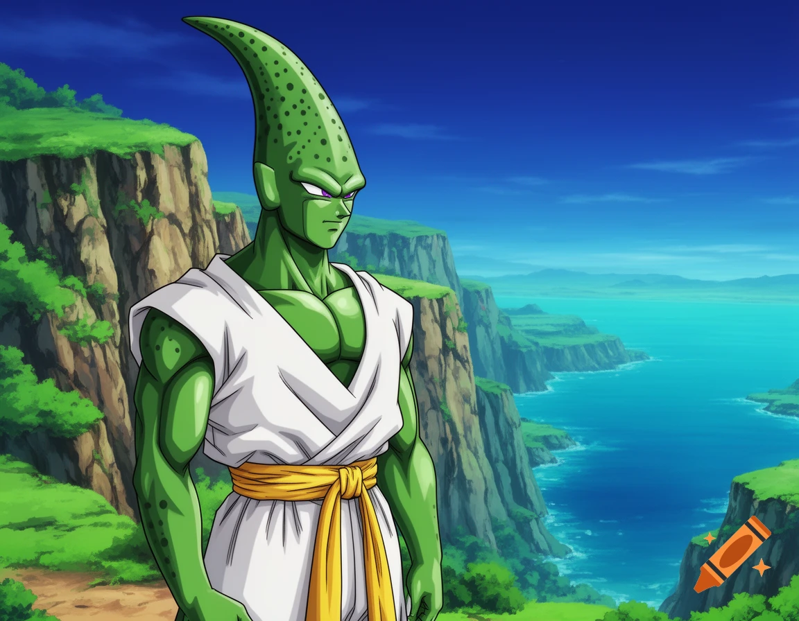 A green-skinned Namekian character with a pointed head, wearing a white gi and yellow belt, stands on a cliff overlooking the ocean and green landscape in an anime style.