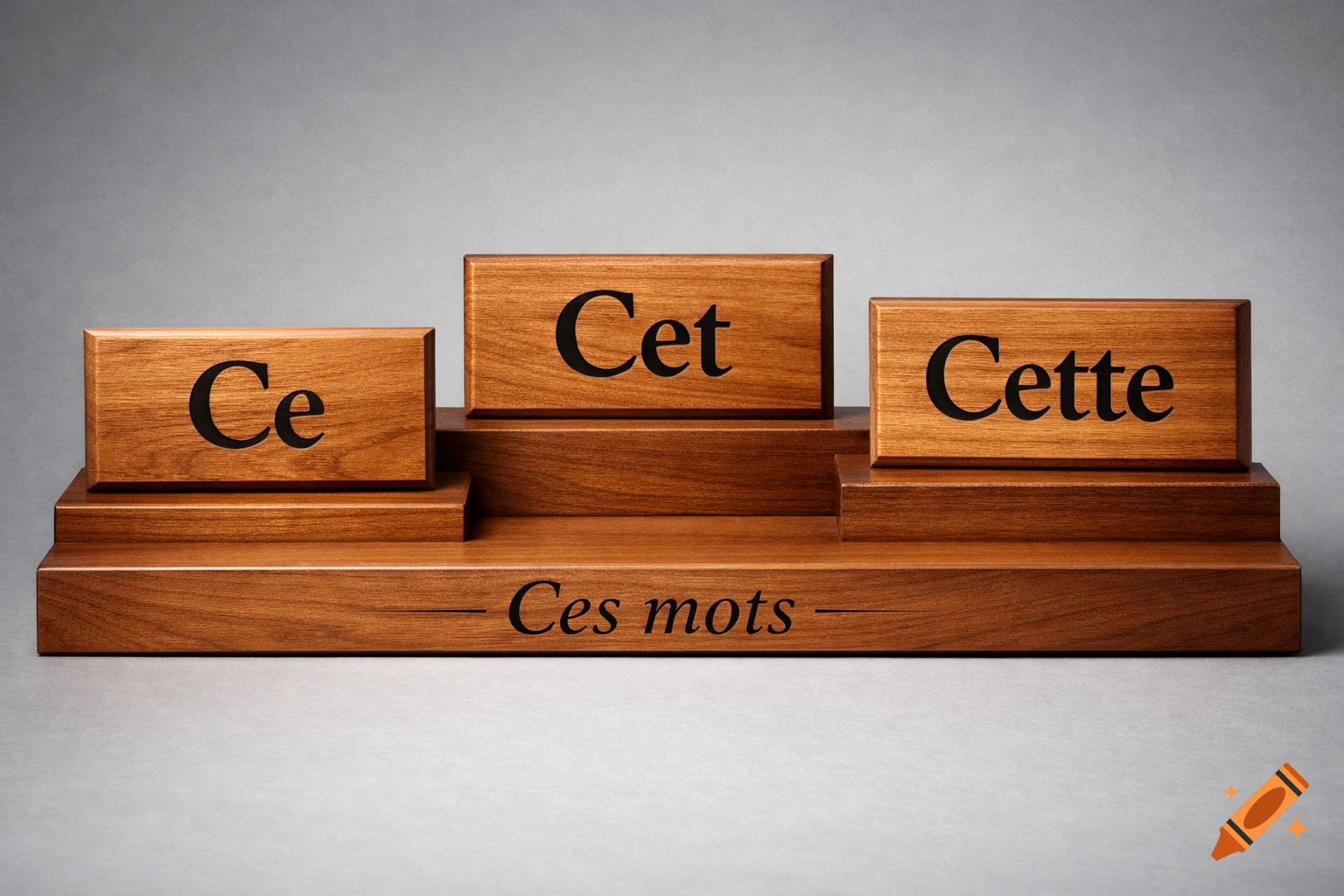 Three wooden blocks on a stand display French words 'Ce', 'Cet', 'Cette', and 'Ces mots' against a gray background.