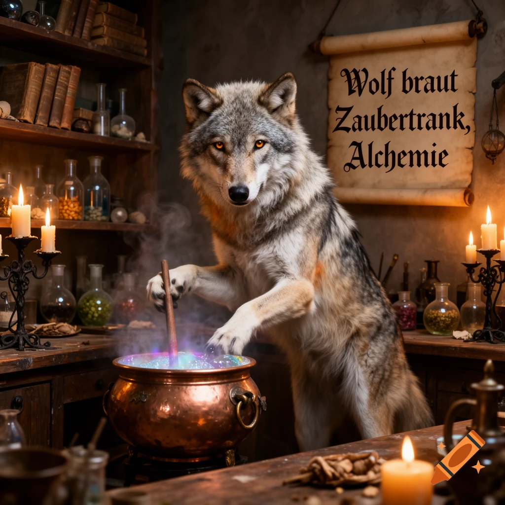 A wolf stands stirring a glowing potion in a copper cauldron inside a dimly lit alchemy lab, surrounded by candles and bottles.