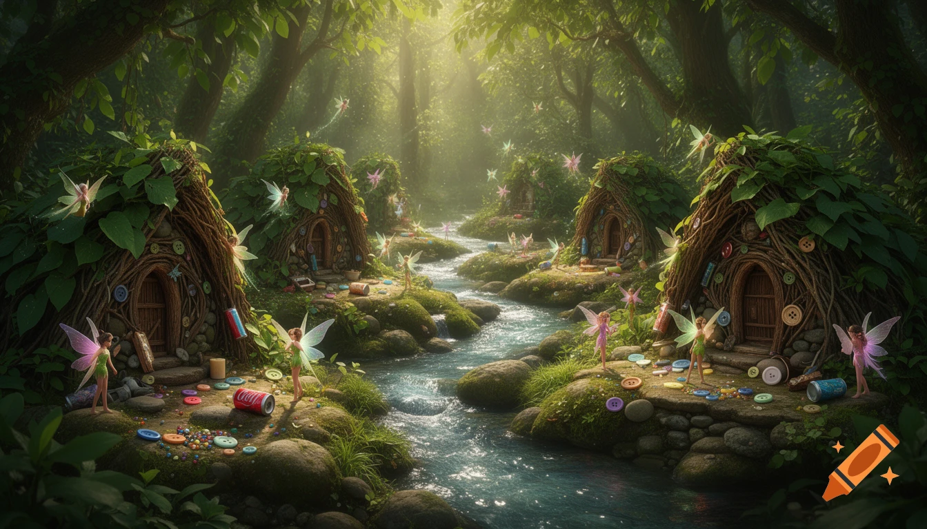 A magical forest scene with a winding stream flowing past small, whimsical fairy huts made of twigs and leaves, surrounded by tiny fairies and human-discarded items like buttons and soda cans.