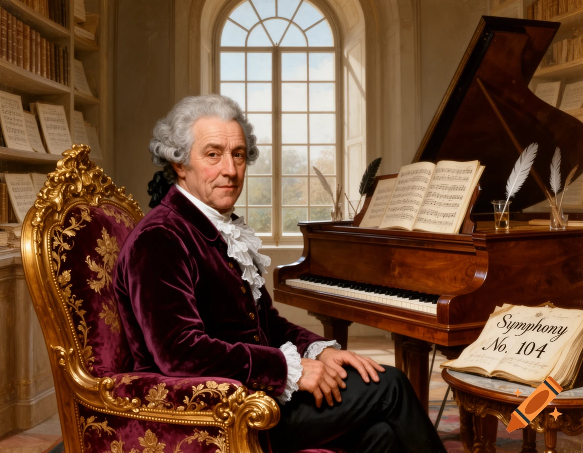 A white-haired man in a purple velvet coat sits in an ornate chair next to a grand piano in a library, looking at the viewer.