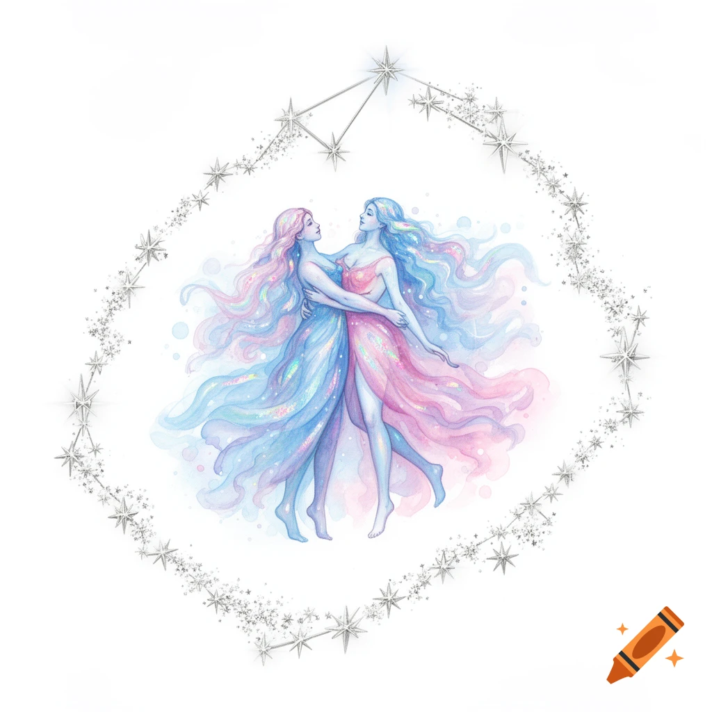 Watercolor illustration of two ethereal women in flowing blue and pink dresses, representing Gemini, embraced within a sparkling constellation frame.