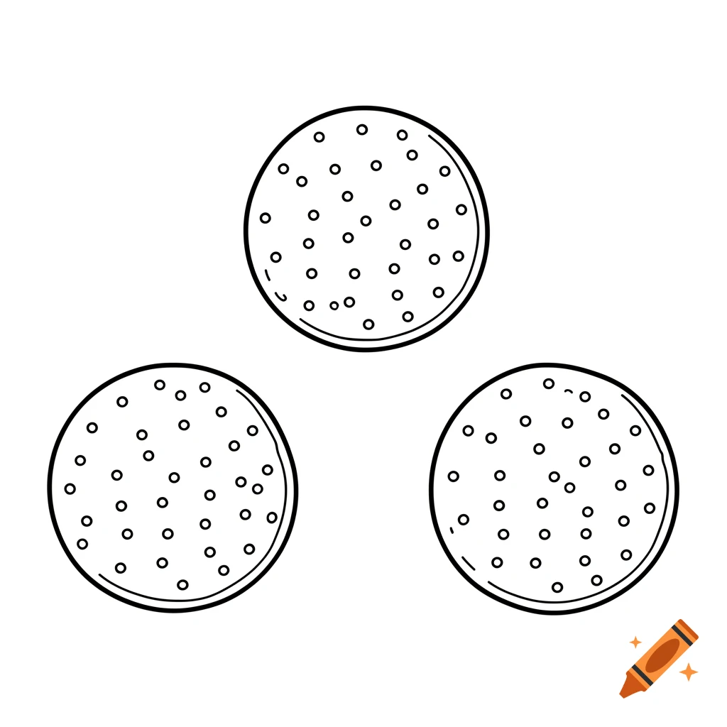 Three black and white outline cartoon matzah crackers with small holes, spaced apart on a white background in a coloring page style.