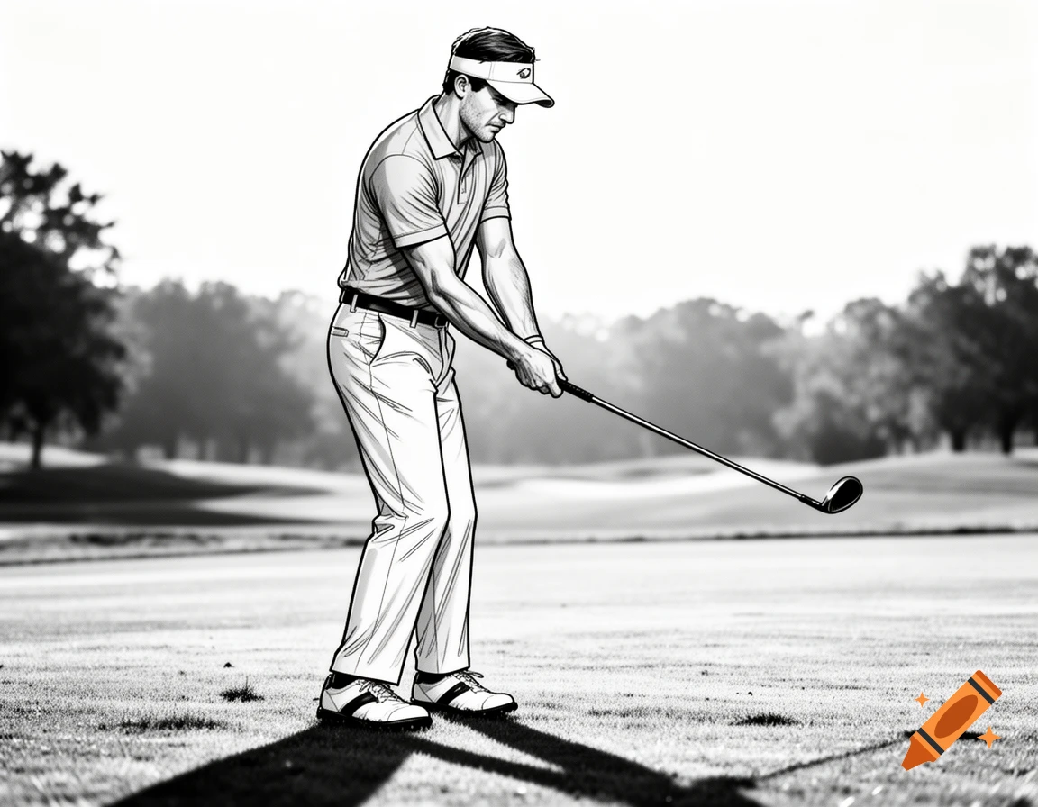 A black and white illustration of a male golfer in a visor and polo shirt, poised to swing a golf club on a course.