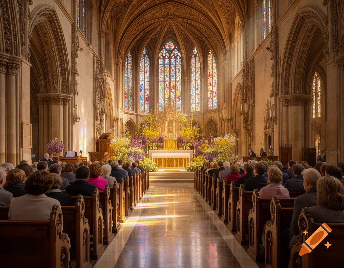 Ornate church interior during an Easter worship service. Congregants in pews face an altar adorned with vibrant flowers and stained glass windows.