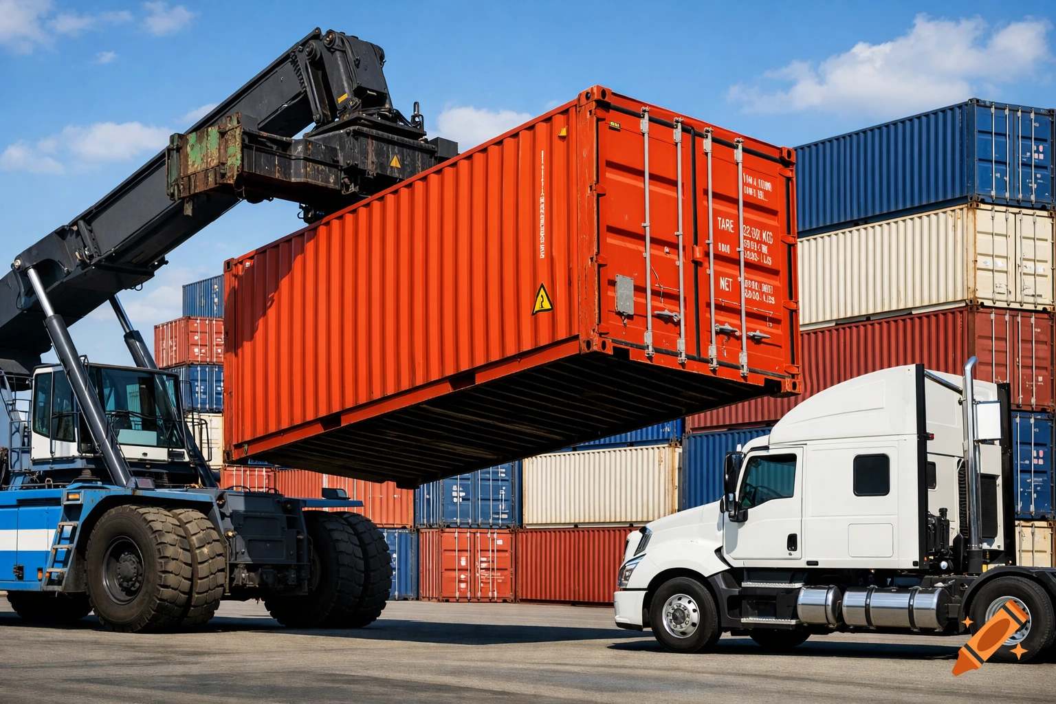 A blue and white reach stacker crane lifts a red shipping container above a white semi-truck in a busy shipping yard with many stacked containers under a blue sky.