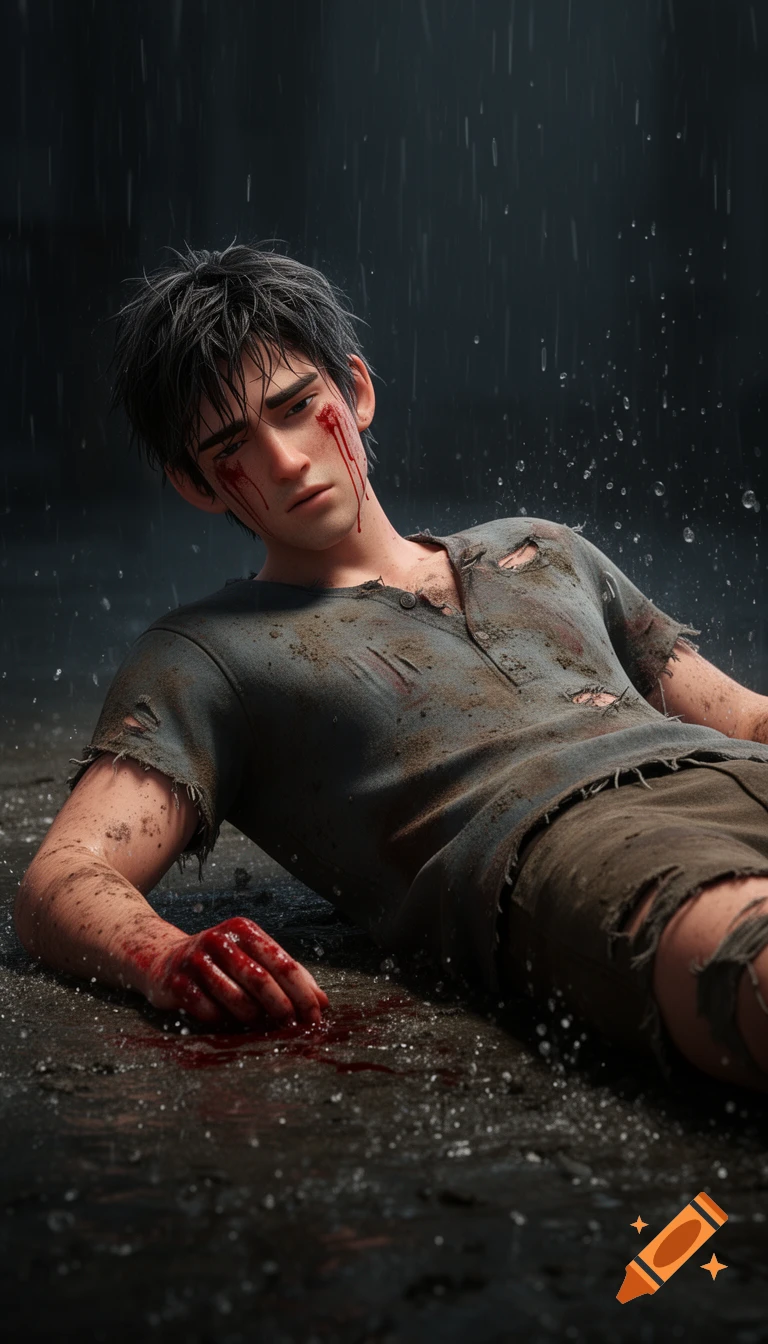 A stylized young man with blood on his face and hands lies on muddy ground in the rain, looking pained.