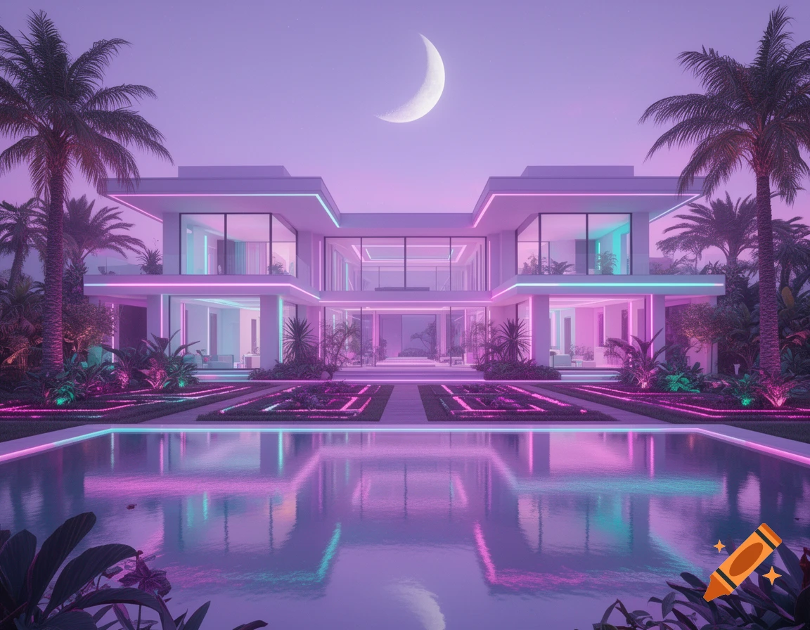A modern vaporwave villa with neon pink and cyan lights reflected in a pool under a purple sky with a crescent moon and palm trees.