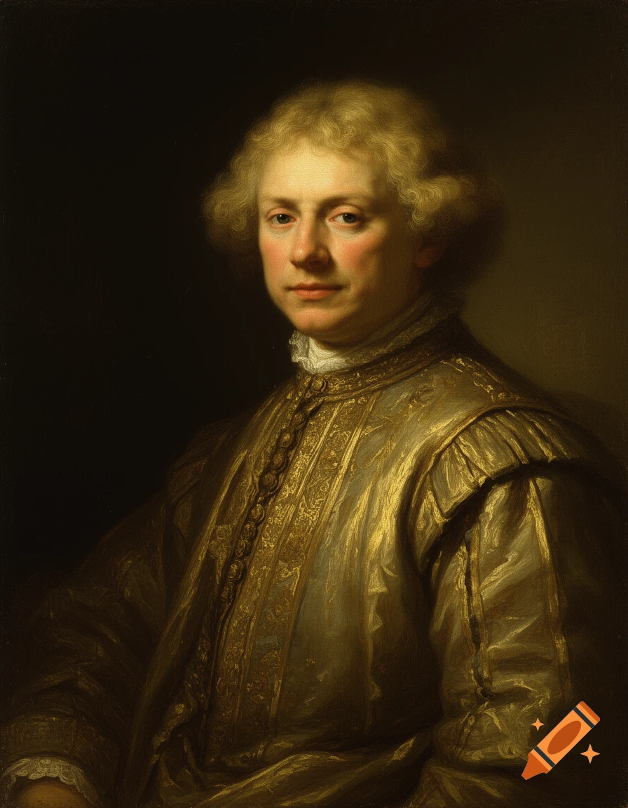 A blonde man in ornate golden attire, depicted in a Rembrandt-style oil painting with dramatic chiaroscuro lighting.
