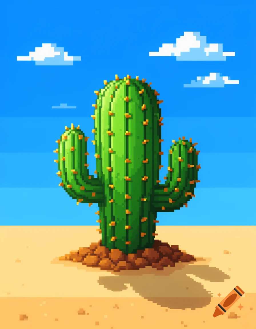 A vibrant green pixel art saguaro cactus stands in a sandy desert under a clear blue sky with pixel clouds.