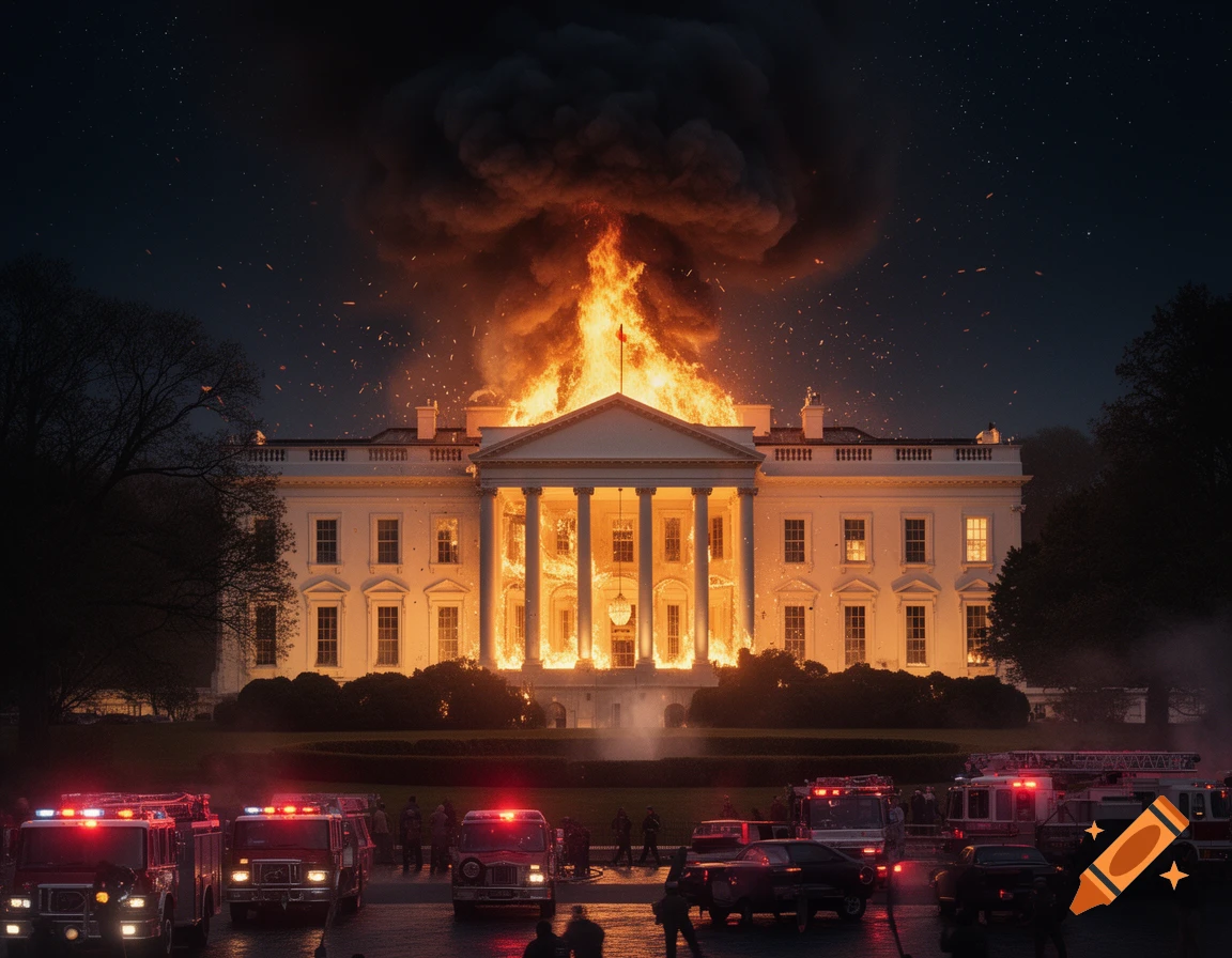 The White House ablaze at night, with massive flames and smoke billowing from the roof, surrounded by fire trucks and emergency personnel.