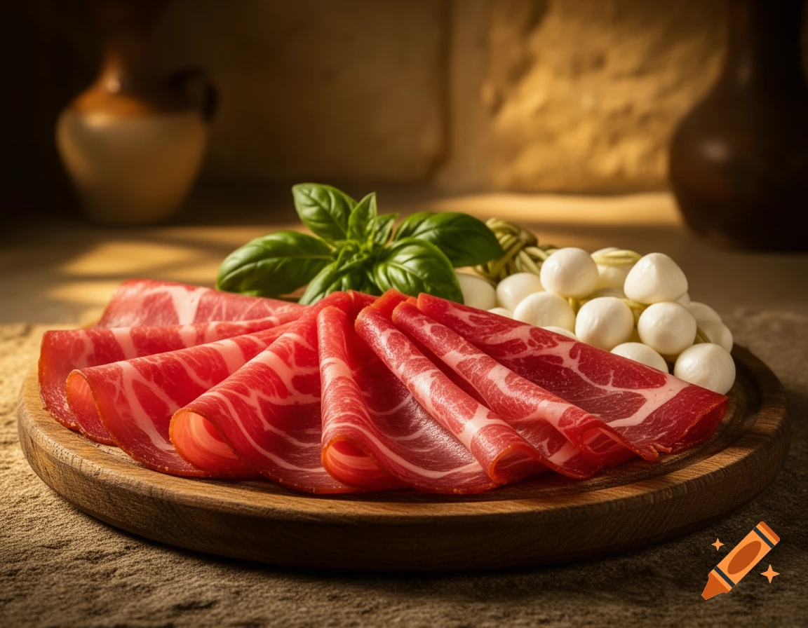 Thinly sliced cured meat, fresh basil, and small mozzarella balls elegantly arranged on a rustic wooden board.