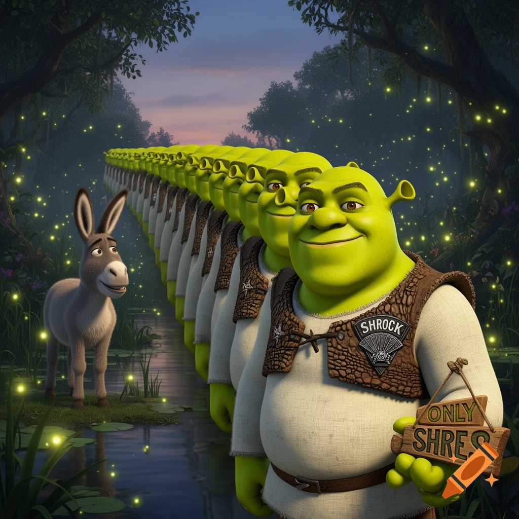 A line of Shrek characters stretches into a magical forest at dusk, with Donkey watching. The front Shrek holds an 'ONLY SHRES' sign.